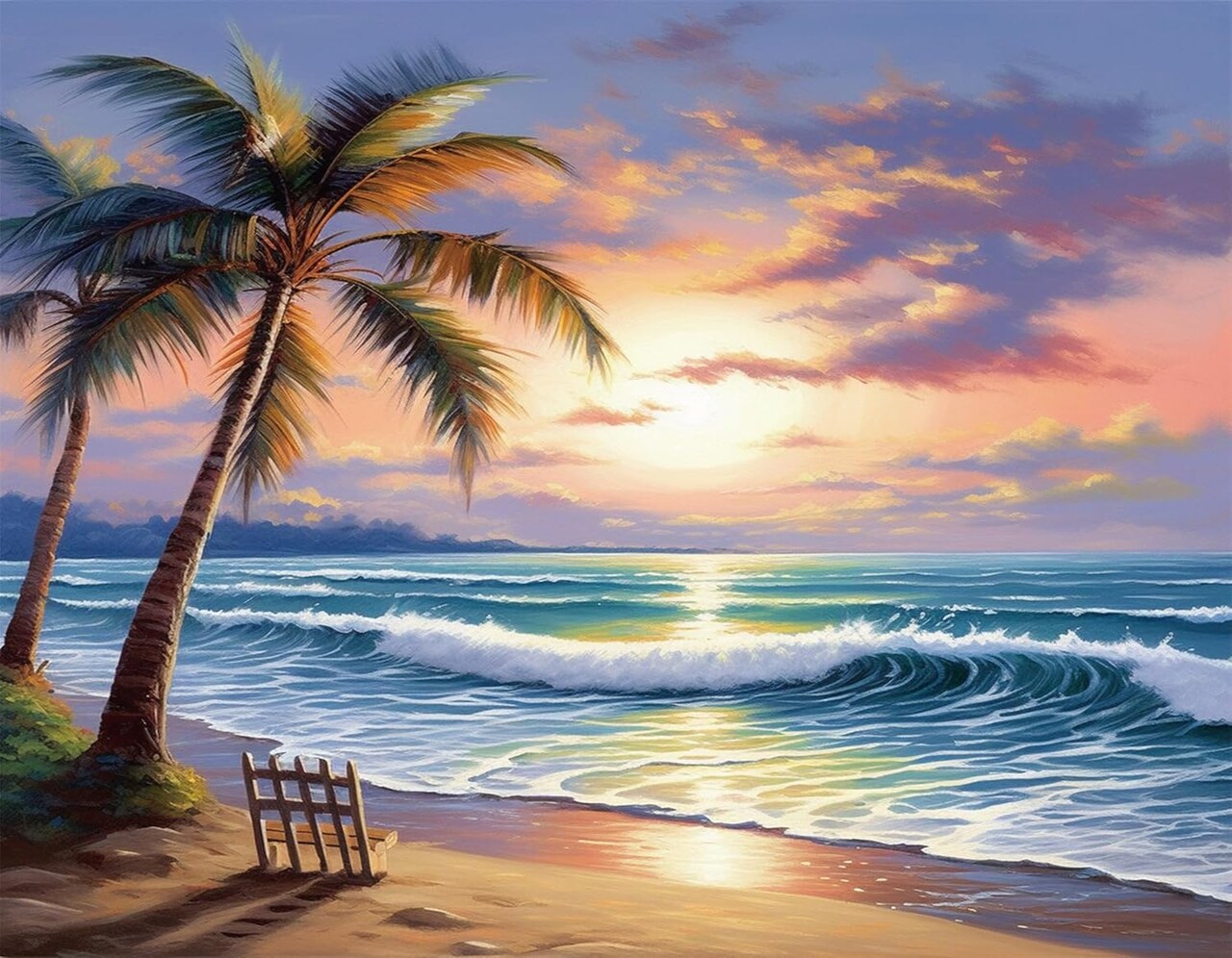 5D Coconut Tree Beach Sunset Scenic Diamond Art Painting Kit for Adults